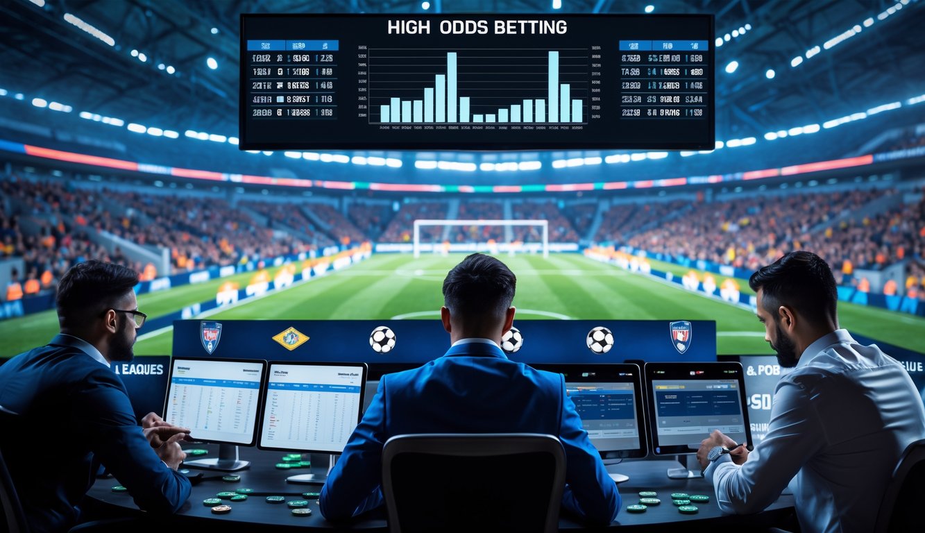 Seorang kelompok orang sedang menganalisis data taruhan bola di depan layar digital dengan latar belakang stadion sepak bola Eropa yang ramai.