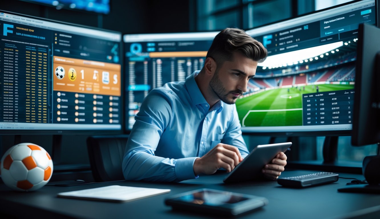 Seorang analis taruhan bola profesional sedang melihat layar komputer yang menampilkan data dan statistik pertandingan sepak bola dari liga-liga Eropa.