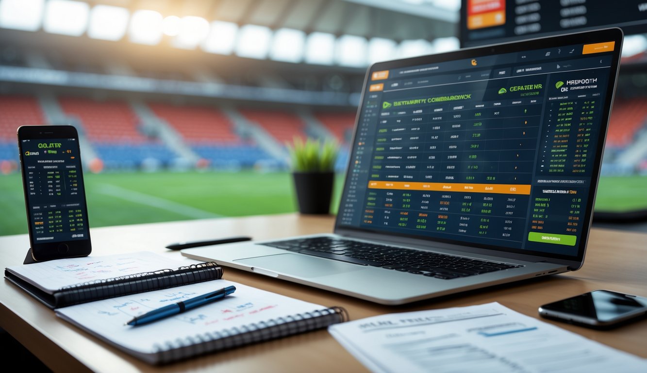 Sebuah meja kerja dengan laptop yang menampilkan grafik taruhan bola, catatan dengan perhitungan, dan ponsel dengan informasi pertandingan sepak bola.