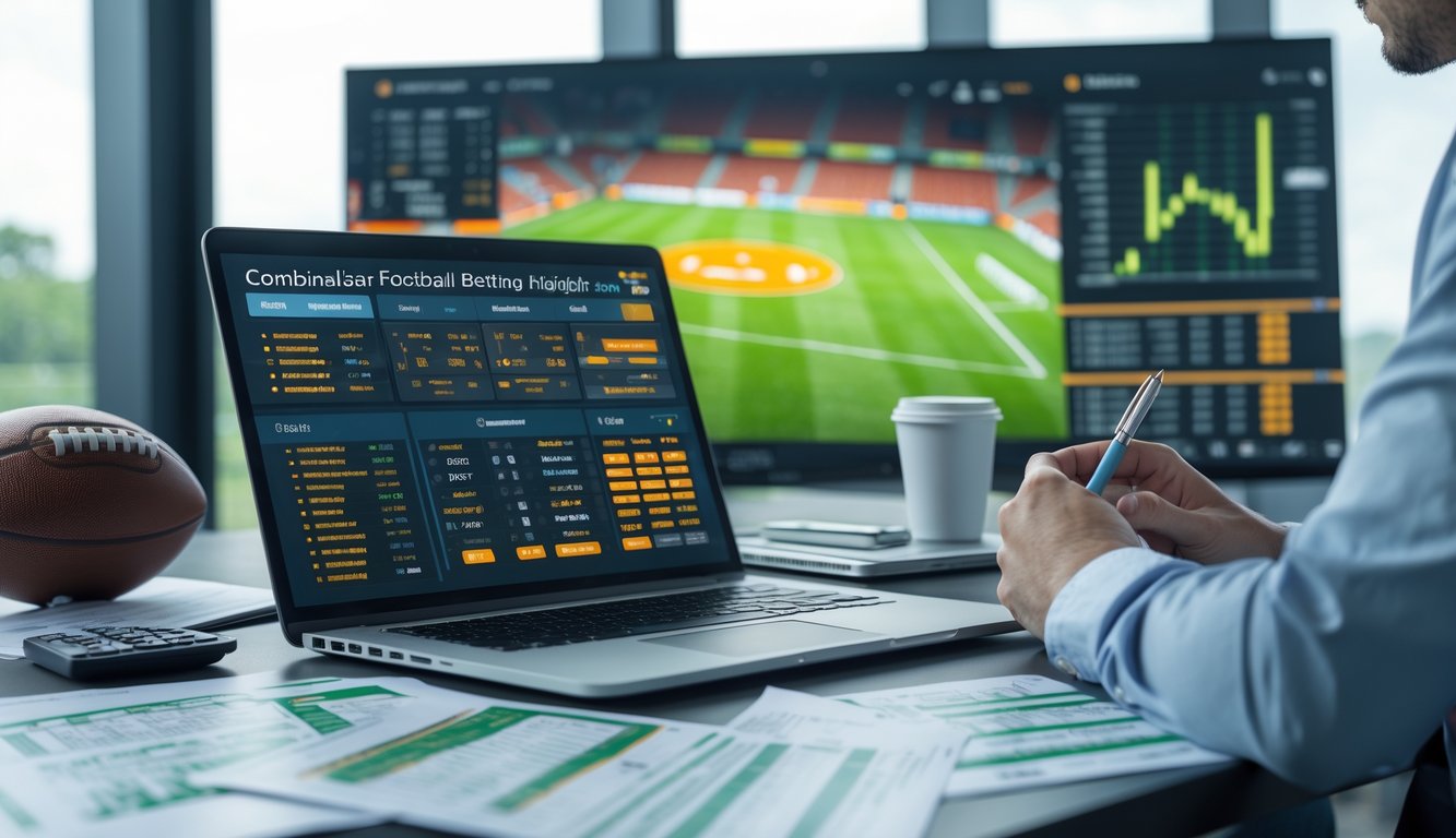 Seorang pria sedang menganalisis data taruhan bola di ruang kerja modern dengan laptop, grafik odds, dan jadwal pertandingan di sekitarnya.