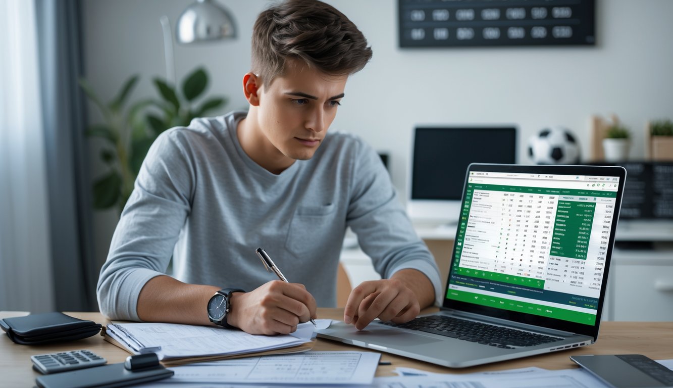 Seorang pria muda sedang mengelola keuangan dengan serius di depan laptop yang menampilkan statistik taruhan sepak bola.