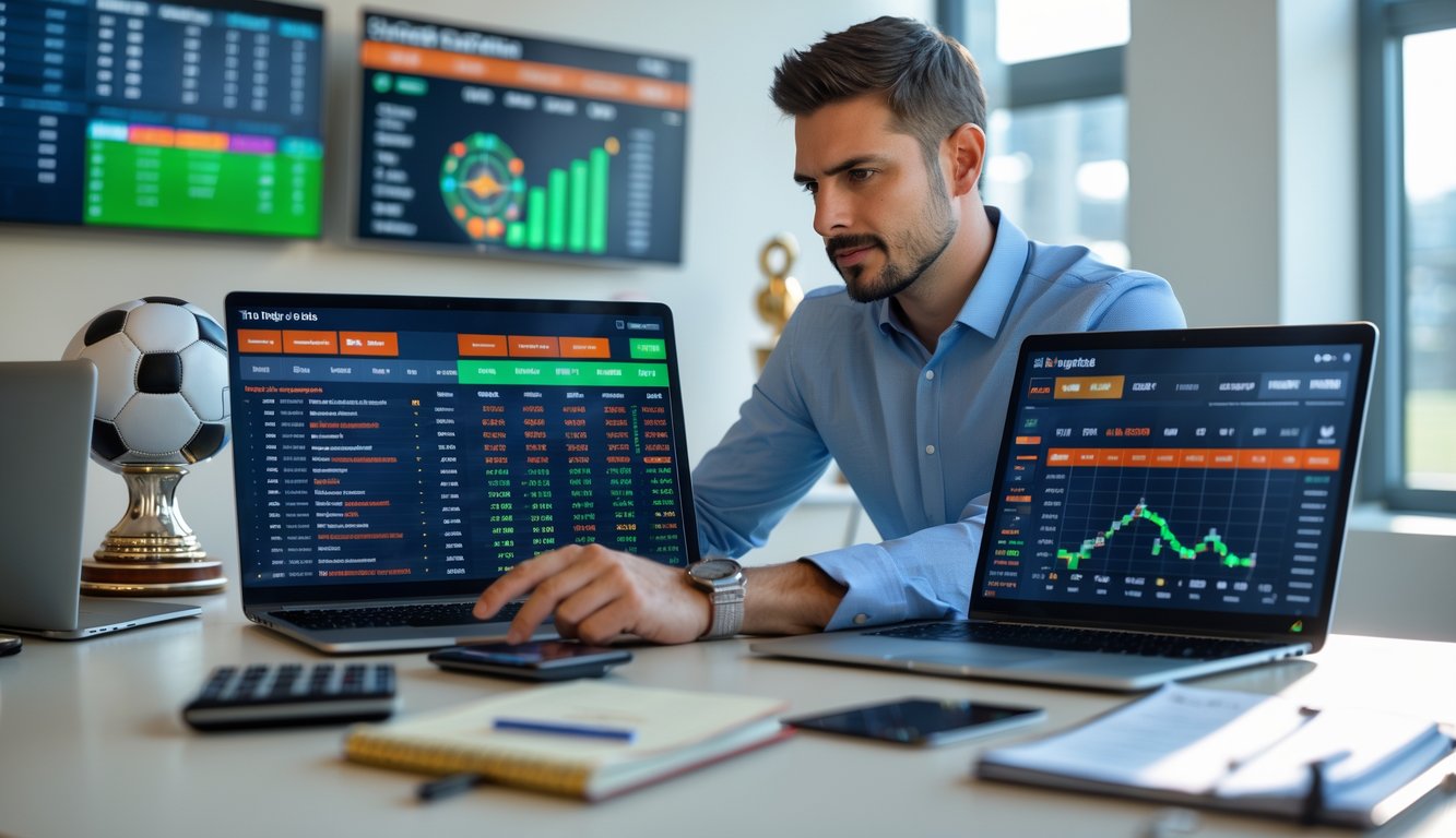 Seorang pria sedang menganalisis peluang taruhan bola menggunakan beberapa layar digital di ruang kantor modern.