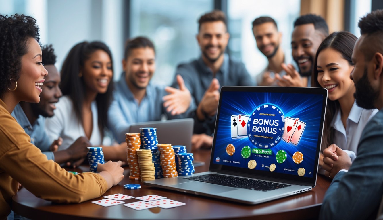 Sekelompok orang sedang bermain poker online di depan laptop dengan tumpukan chip dan kartu di meja, menunjukkan suasana antusias dan profesional.