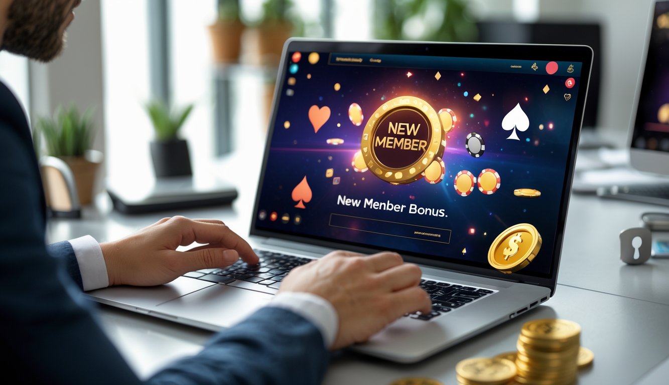 Seseorang menggunakan laptop dengan tampilan permainan poker online dan chip poker di meja, menunjukkan suasana bermain poker online dengan fokus pada bonus anggota baru.