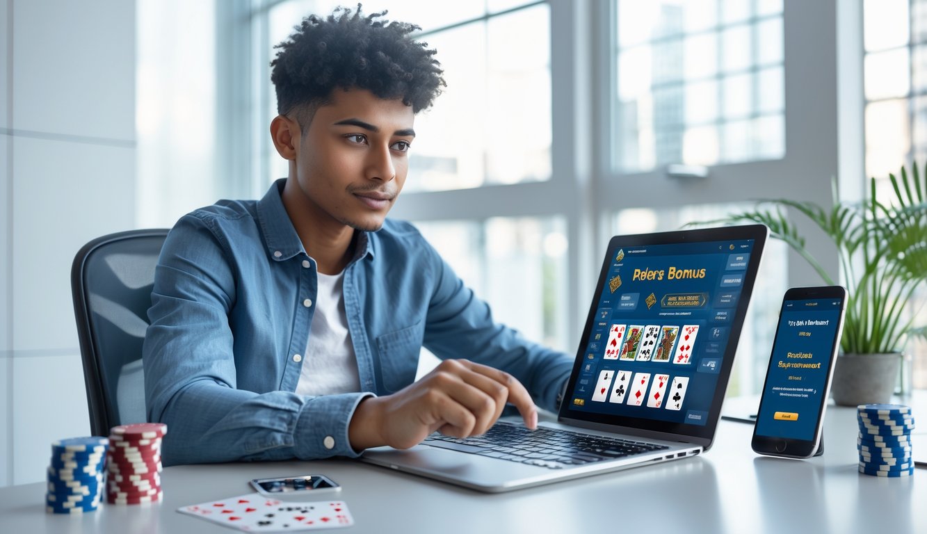 Seorang dewasa muda duduk di meja kerja modern dengan laptop dan tablet, dikelilingi chip poker dan kartu remi, tampak fokus menganalisis data di ruangan terang.