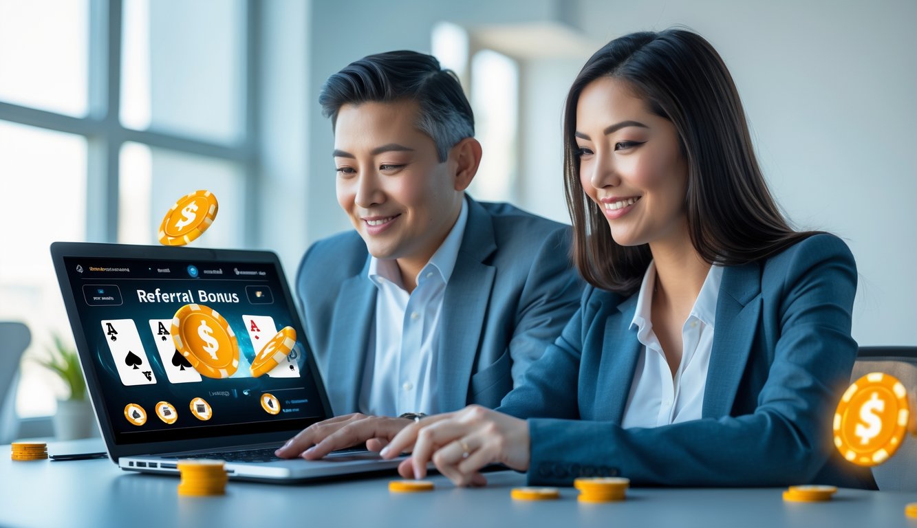 Dua orang dewasa duduk di meja kantor modern, fokus pada layar laptop yang menampilkan permainan poker online dengan simbol bonus referral di sekitarnya.