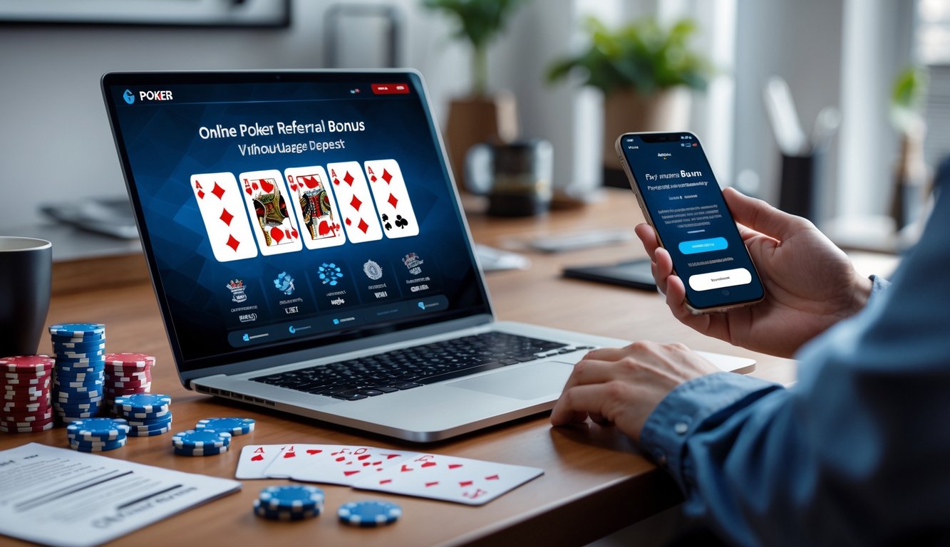 Seseorang menggunakan laptop dan ponsel di meja kerja dengan chip poker dan kartu remi, menunjukkan aktivitas terkait poker online.
