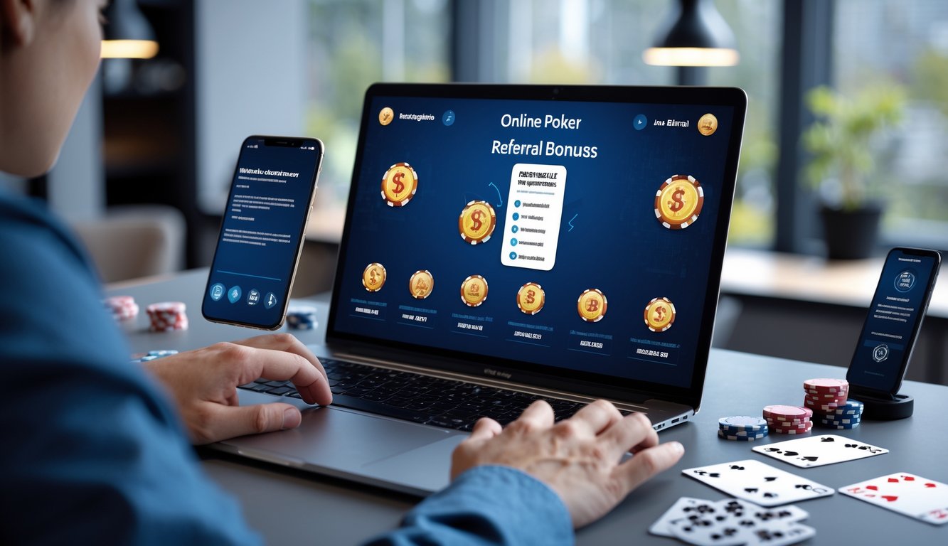 Sebuah meja kerja dengan laptop yang menampilkan permainan poker online, tangan mengetik di keyboard, smartphone dengan notifikasi bonus referral, dan chip poker serta kartu bermain di atas meja.
