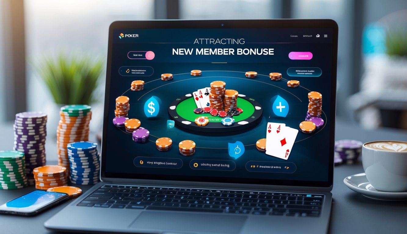 Seorang pemain poker online menggunakan laptop dengan tumpukan chip poker dan kartu bermain di meja, menunjukkan suasana permainan yang menarik dan menguntungkan.