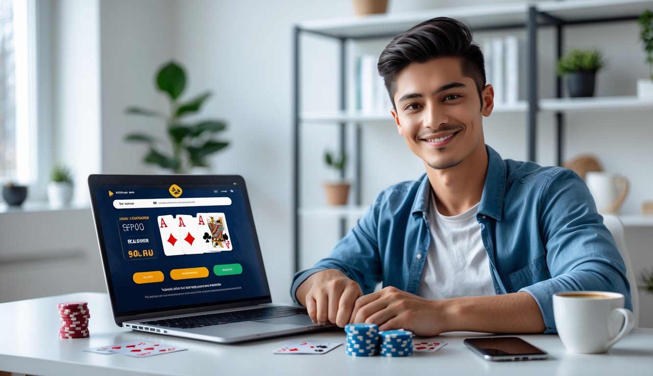 Orang muda duduk di meja dengan laptop yang menampilkan permainan poker, dikelilingi chip poker dan kartu remi, terlihat senang dan fokus.