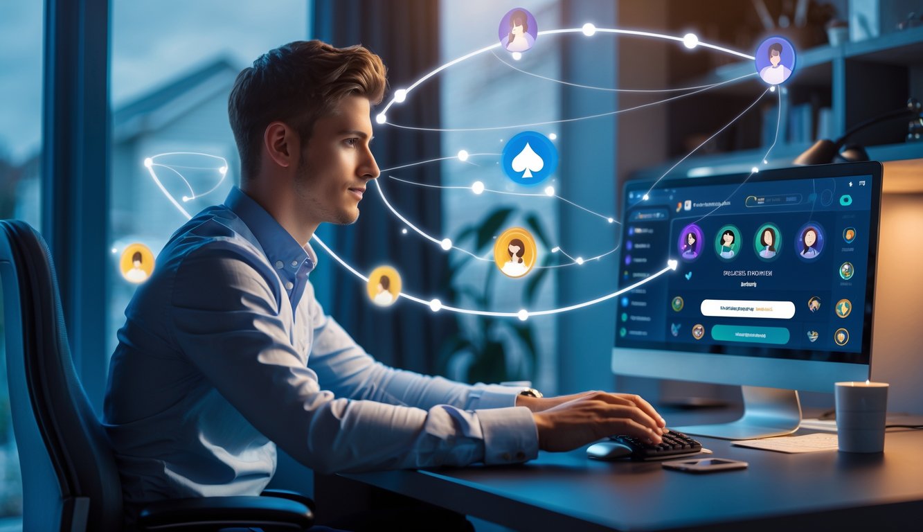 Seorang pria muda duduk di depan laptop dengan tampilan permainan poker online dan simbol bonus referral di sekitarnya.