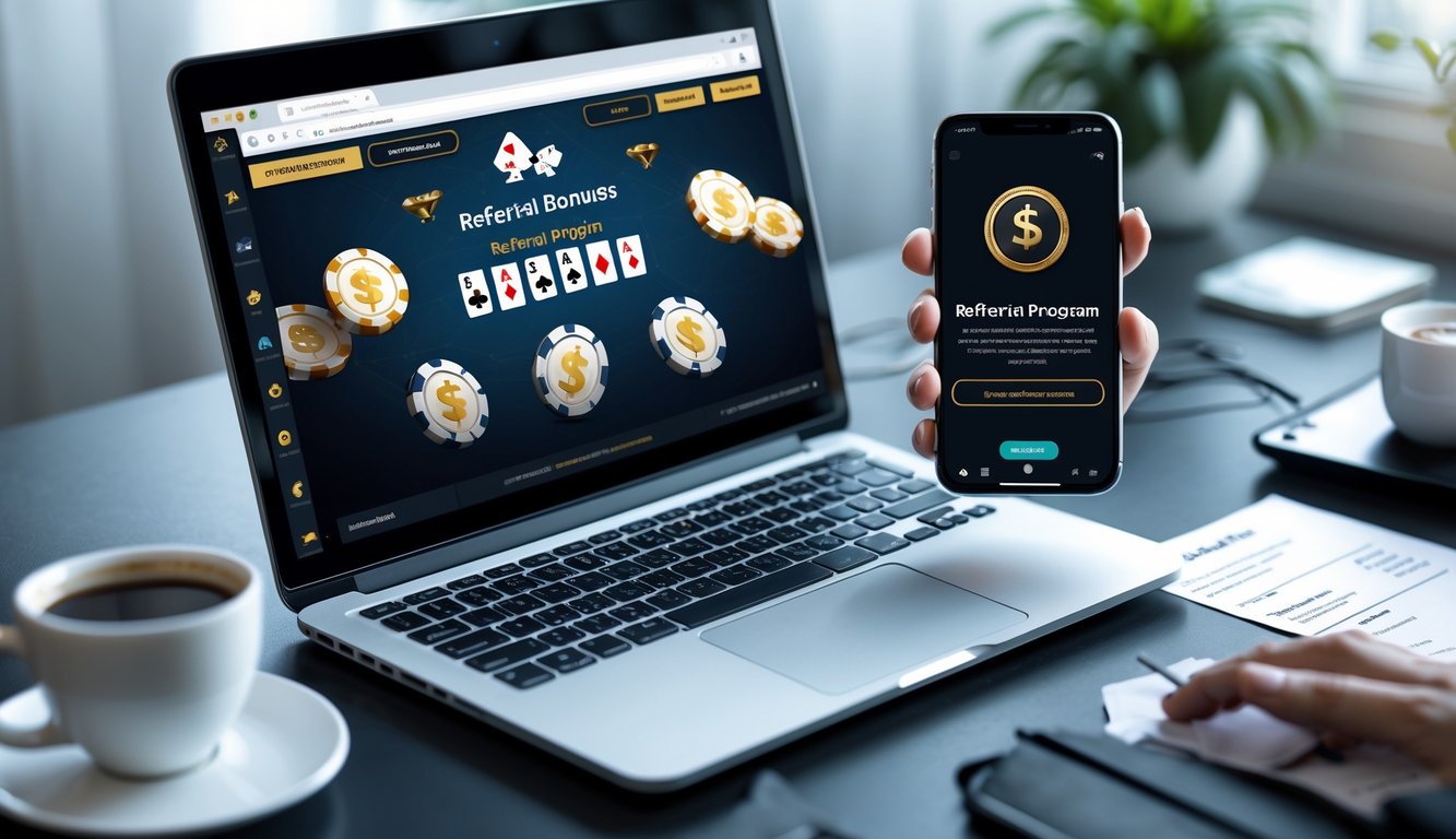Seorang pria menggunakan laptop dan ponsel di meja kerja yang rapi dengan tampilan permainan poker online dan ikon bonus referral.
