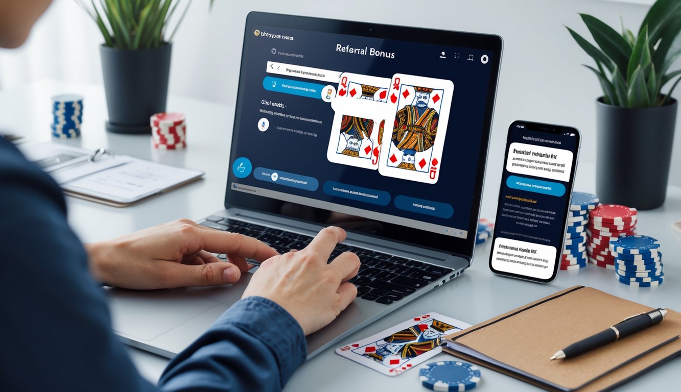 Seseorang menggunakan laptop dan ponsel di meja kerja dengan kartu remi dan chip poker di sekitar.