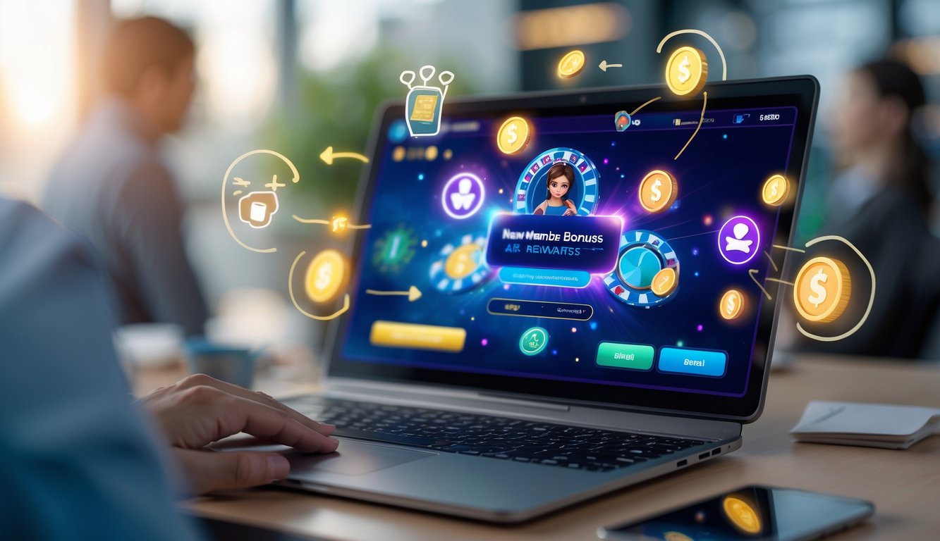 Seorang pengguna bermain poker online di layar komputer dengan ikon hadiah dan panah referral yang menunjukkan bonus dan hadiah.
