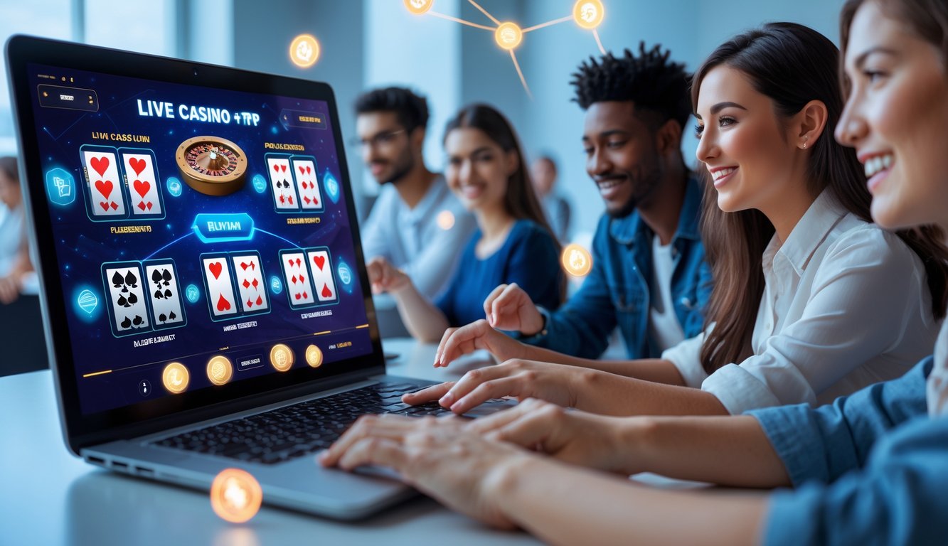 Sekelompok orang muda sedang bermain permainan kasino online di komputer dengan suasana yang cerah dan modern.