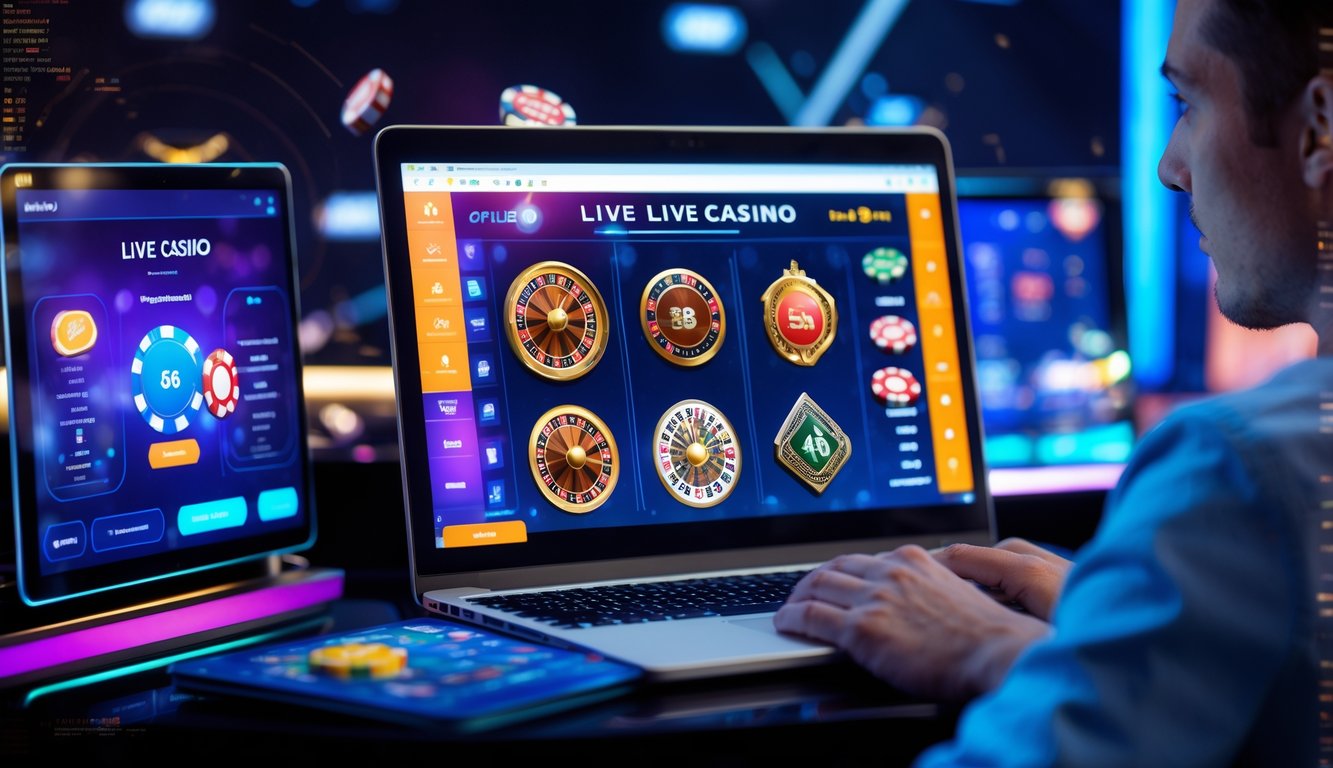 Seorang dewasa muda menggunakan laptop dengan tampilan permainan kasino langsung di layar, menunjukkan suasana kasino online yang modern dan terpercaya.