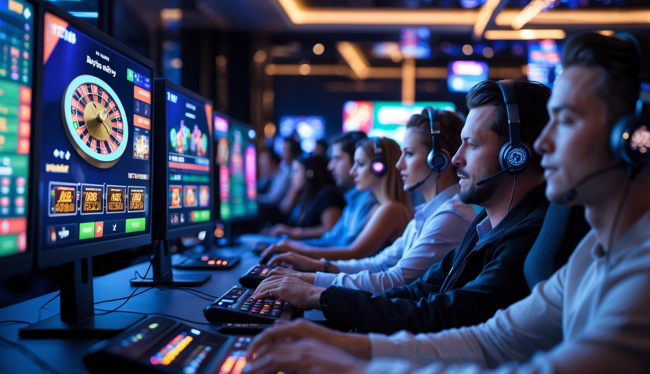Beberapa pemain sedang bermain kasino online secara real-time dengan layar komputer yang menampilkan permainan kasino yang cerah dan berwarna-warni.