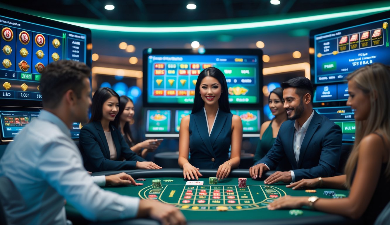 Seorang dealer wanita profesional bermain kasino langsung dengan beberapa pemain yang fokus di depan layar komputer dalam suasana kasino online modern.
