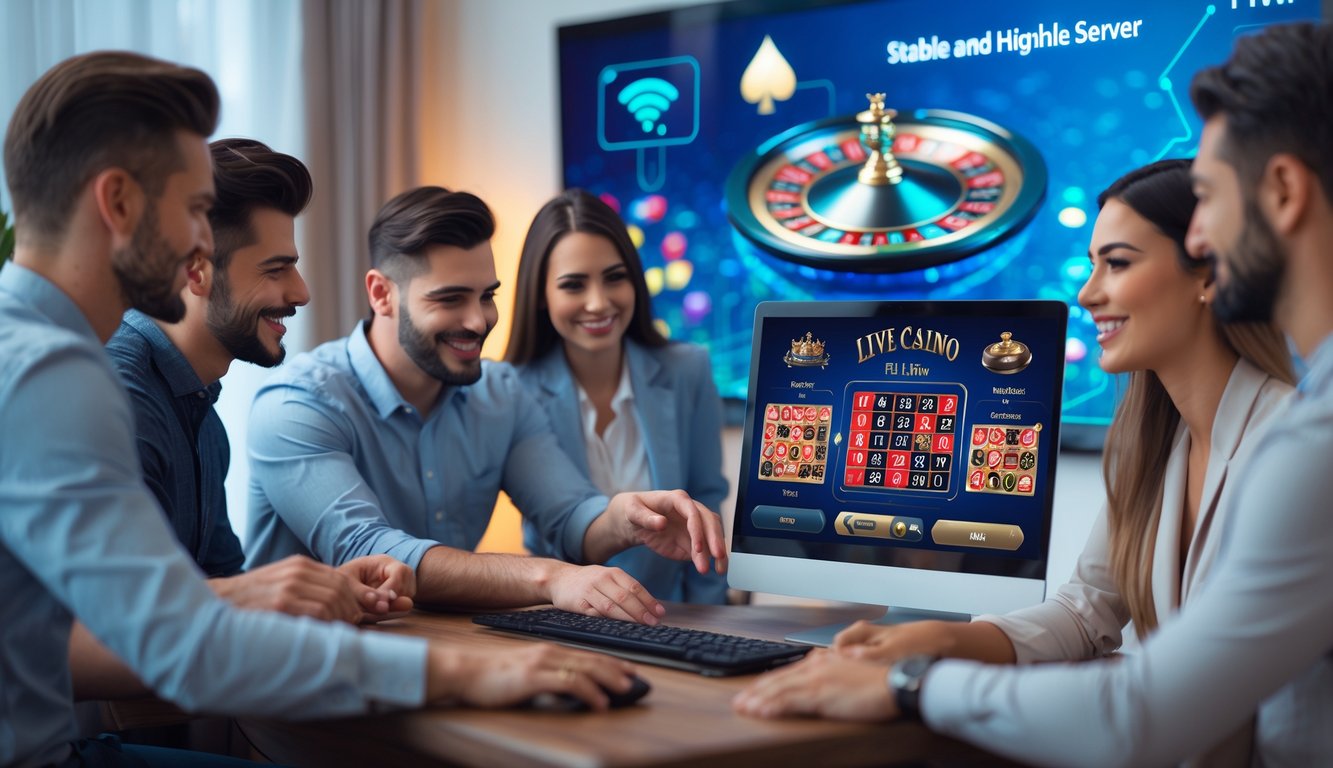 Orang-orang bermain live casino online di depan komputer dengan suasana nyaman dan teknologi yang mendukung koneksi stabil.