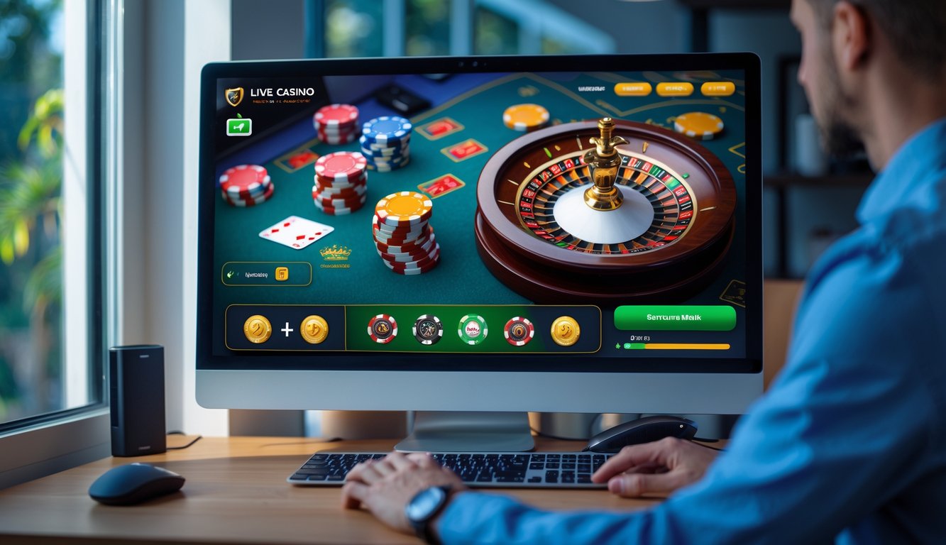 Sebuah meja kerja modern dengan komputer menampilkan permainan kasino online, tangan seseorang sedang berinteraksi dengan layar komputer, suasana terang dan rapi.