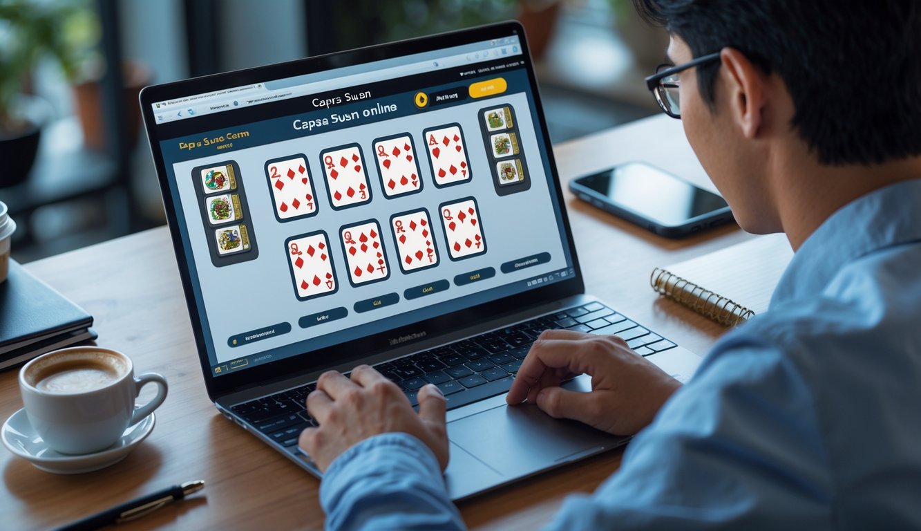 Seorang dewasa muda sedang bermain permainan kartu Capsa Susun online di laptop di sebuah meja kerja yang rapi dan nyaman.