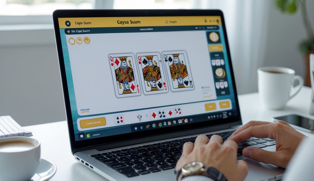 Seseorang bermain permainan kartu Capsa Susun secara online di komputer di ruang kerja yang rapi.