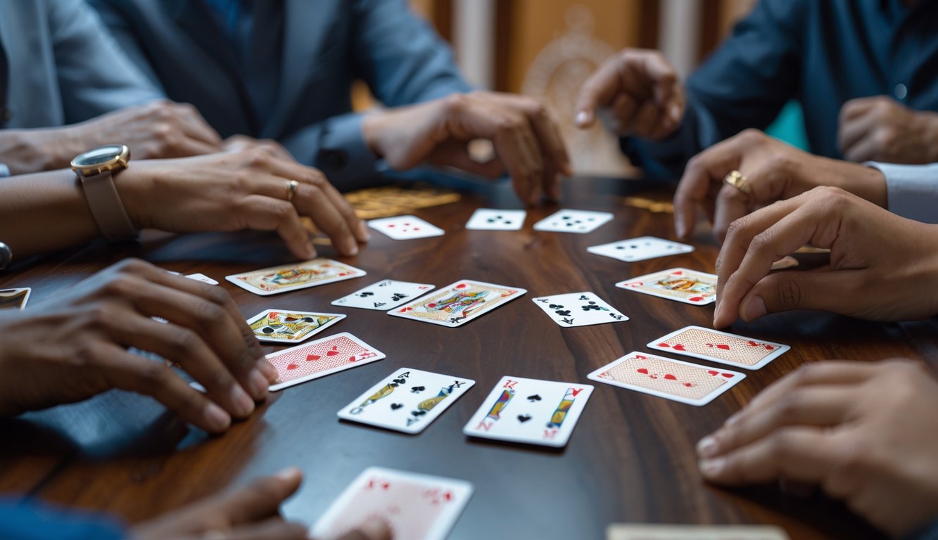 Tangan pemain sedang menyusun kartu Capsa Susun di atas meja kayu dengan fokus pada kartu dan suasana permainan.