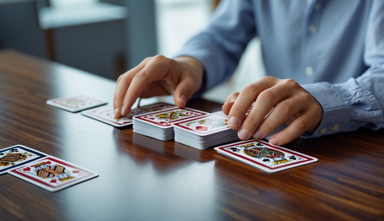 Tangan sedang menyusun kartu Capsa Susun di atas meja kayu dengan latar ruangan yang terang.