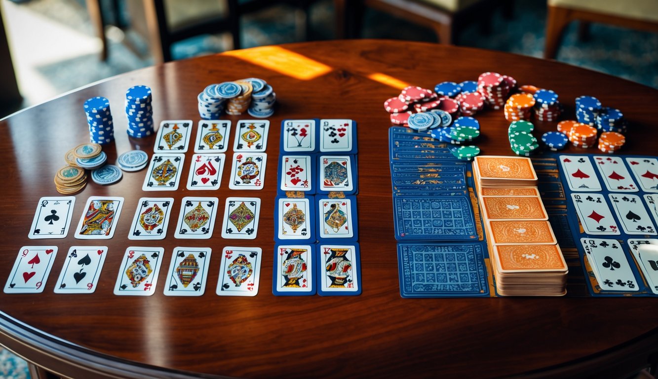 Foto atas meja kayu dengan dua permainan kartu berbeda, satu dengan susunan rapi tiga baris kartu dan satu lagi dengan kartu dan chip poker berwarna-warni.
