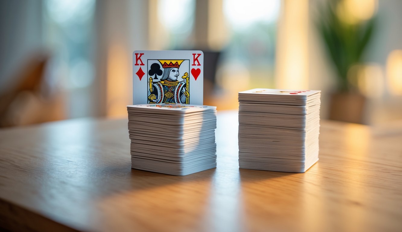 Meja kayu dengan dua set kartu remi yang tersusun rapi, satu set membentuk susunan bertingkat dan satu set menampilkan tata letak kartu bergaya kerajaan.