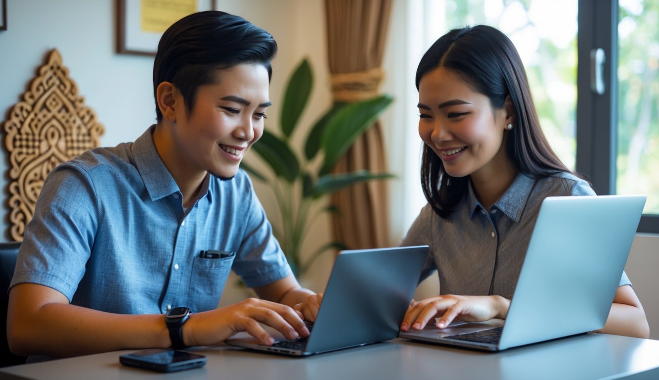 Seorang pria dan wanita Indonesia duduk di meja modern sambil bermain Capsa Susun online menggunakan laptop dan ponsel di ruangan yang terang dengan dekorasi tradisional.