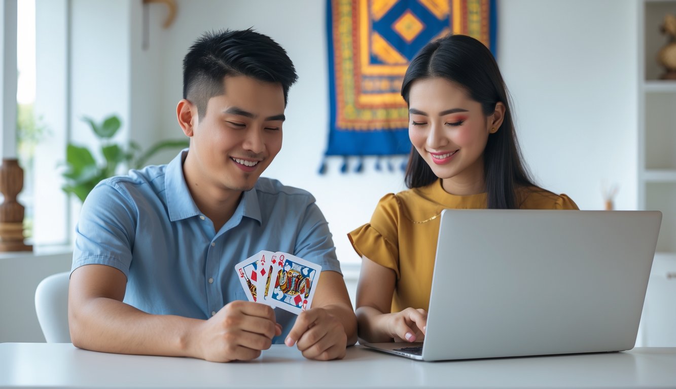 Seorang pria dan wanita muda Indonesia duduk bersama di meja dengan laptop, bermain permainan kartu online dengan ekspresi fokus dan senang.