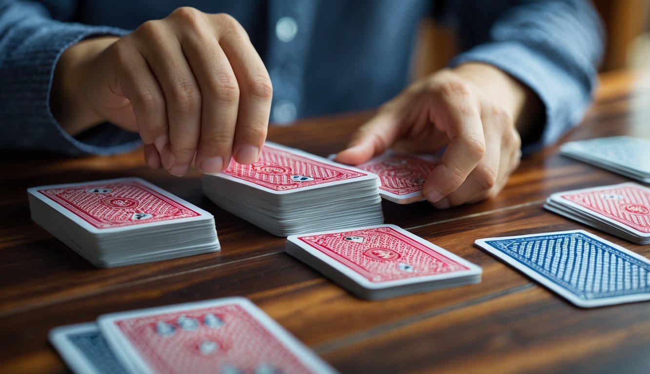 Tangan seseorang sedang menyusun kartu Capsa Susun di atas meja kayu.