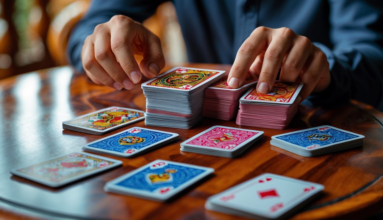 Tangan seseorang sedang menyusun kartu Capsa Susun di atas meja kayu.
