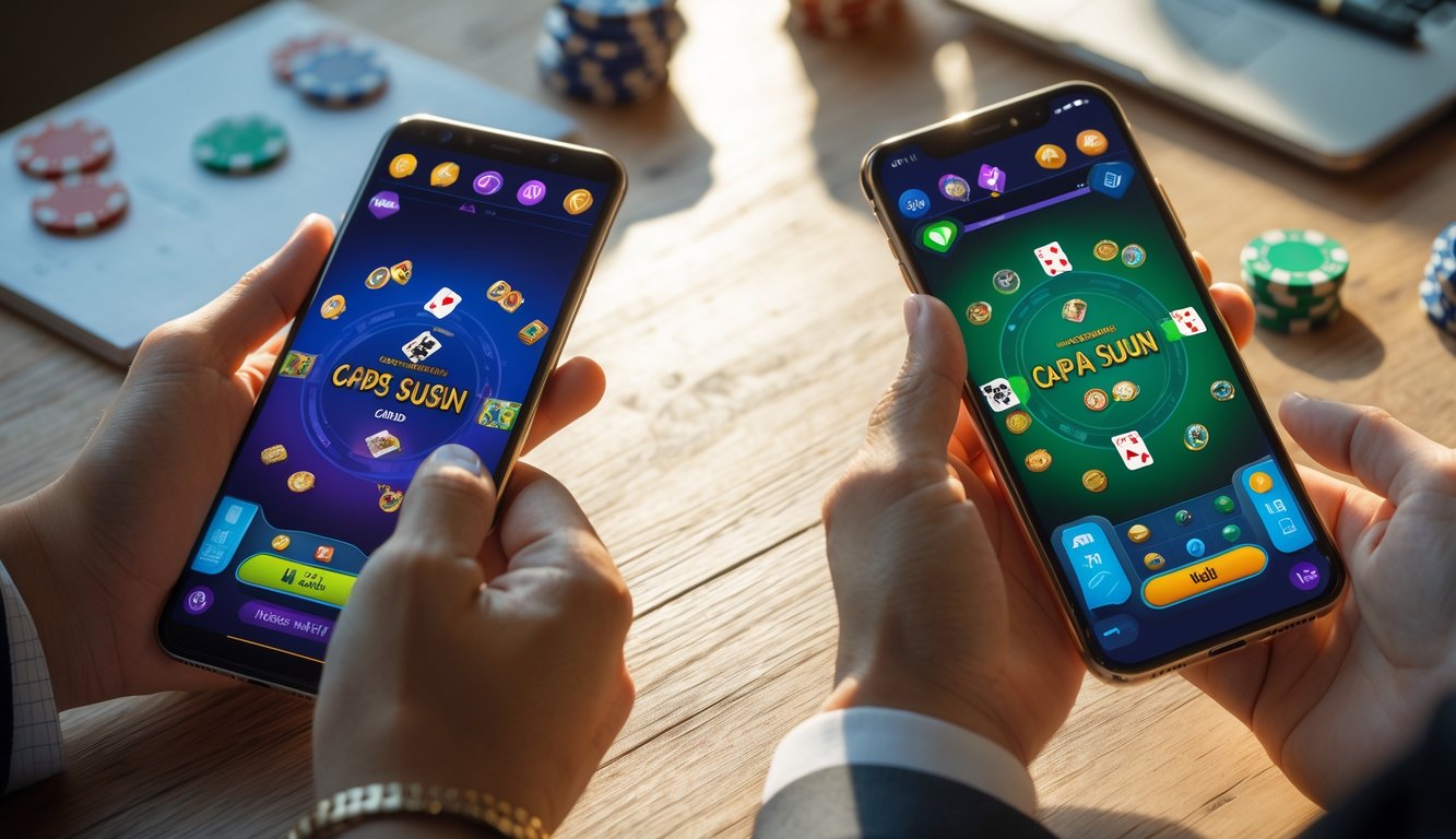 Dua tangan memegang smartphone Android dan iOS yang menampilkan permainan kartu Capsa Susun di atas meja kayu.