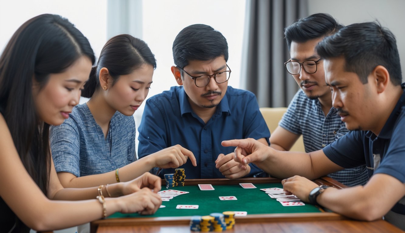Sekelompok orang sedang bermain Capsa Susun di meja dengan ekspresi serius dan saling berdiskusi untuk menghindari kesalahan dalam permainan.