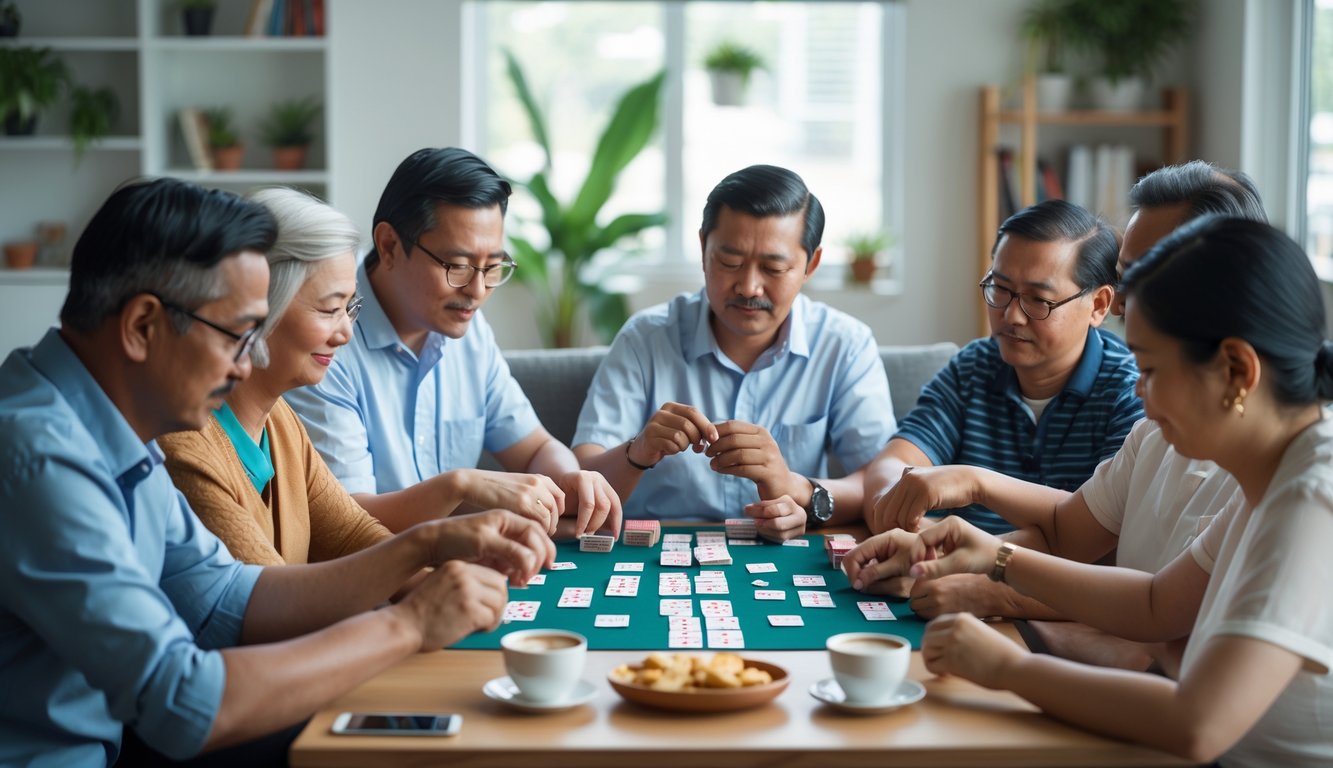 Beberapa orang dewasa sedang berkumpul di meja bermain kartu Capsa Susun dengan ekspresi serius dan fokus.