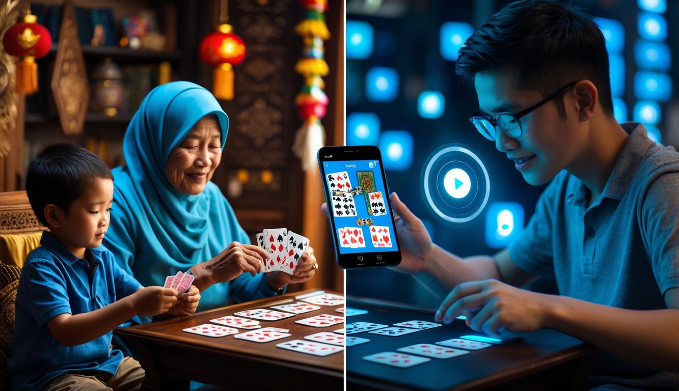 Seseorang tua dan anak bermain kartu Capsa Susun tradisional di satu sisi, dan orang muda menggunakan ponsel untuk bermain Capsa Susun digital di sisi lain.