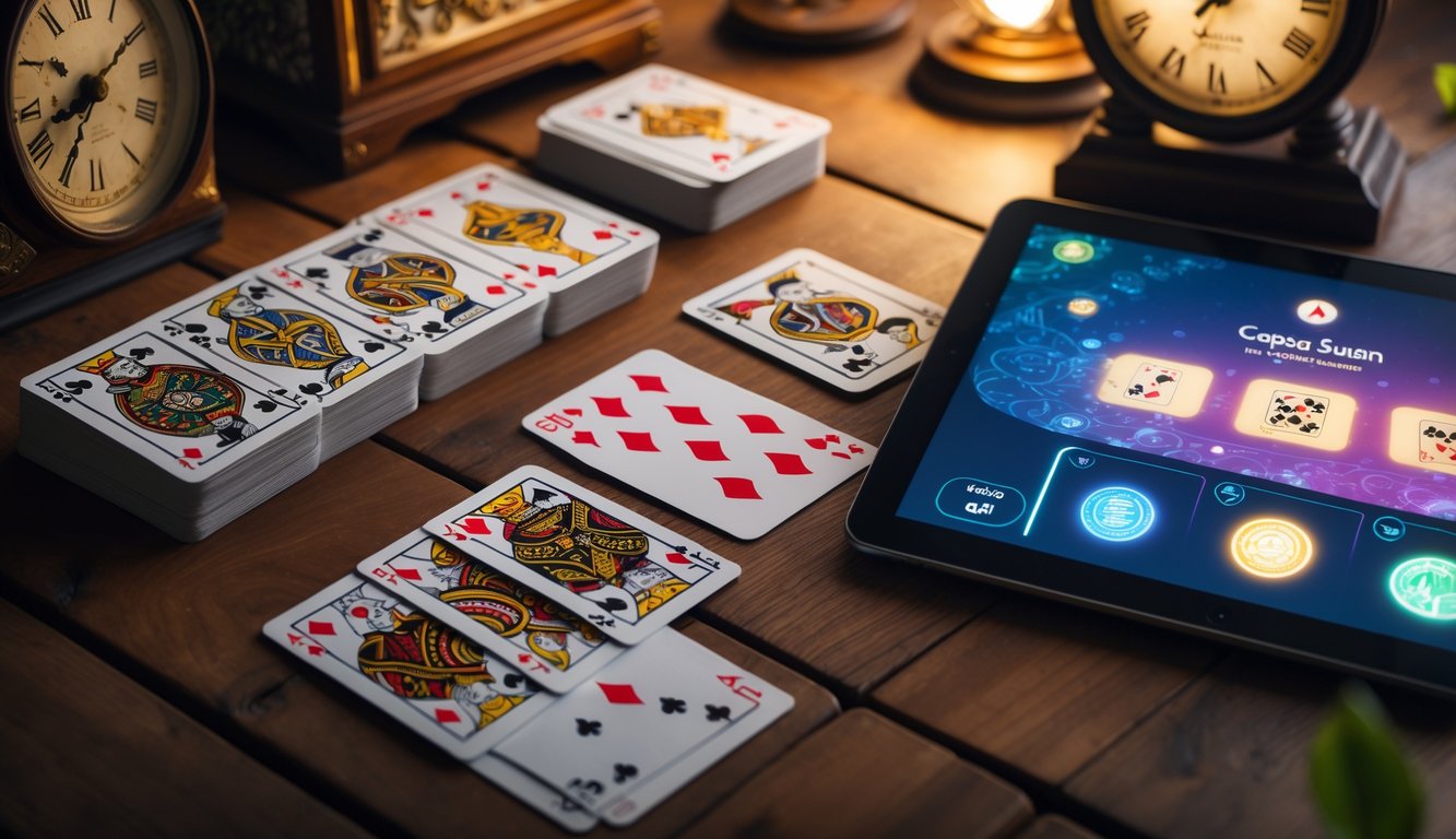 Meja kayu dengan kartu remi yang tersusun rapi dan tablet yang menampilkan permainan Capsa Susun digital.