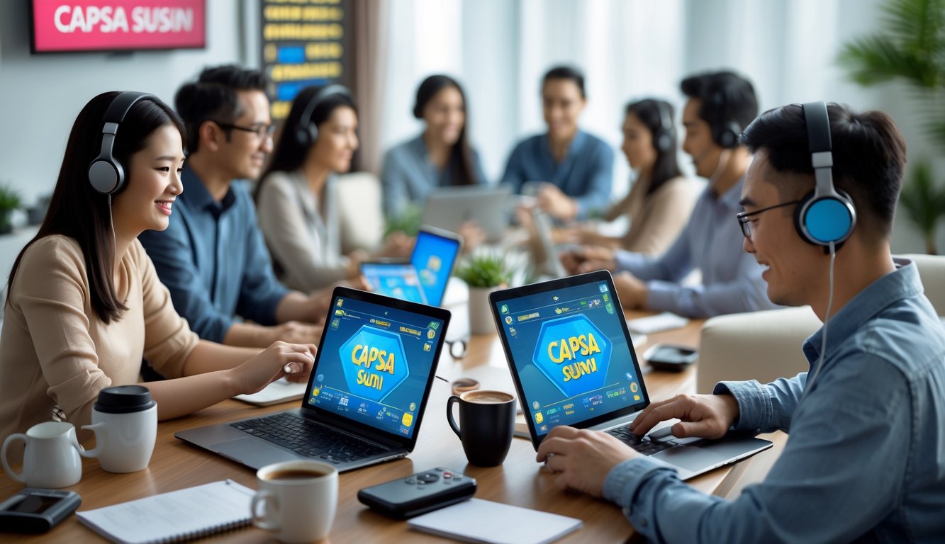 Beberapa orang bermain permainan kartu Capsa Susun secara online menggunakan laptop dan tablet di ruang tamu yang nyaman.