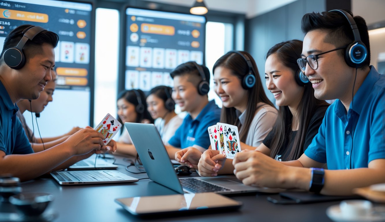 Beberapa orang bermain kartu Capsa Susun secara online menggunakan laptop dan tablet di sebuah ruangan modern.