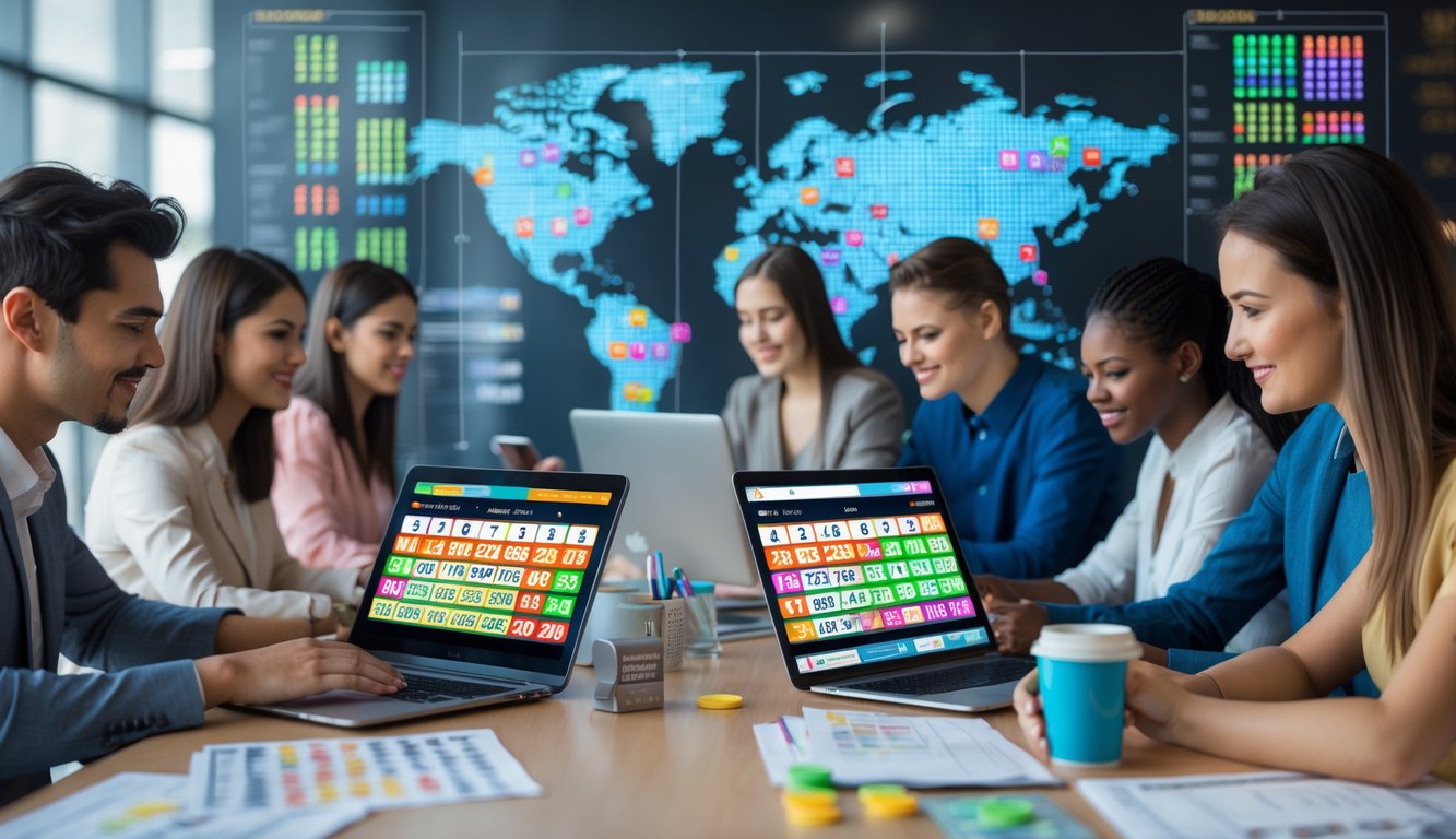 Sekelompok orang muda menggunakan laptop dan ponsel di kantor modern, fokus pada permainan togel online dengan suasana yang aman dan profesional.