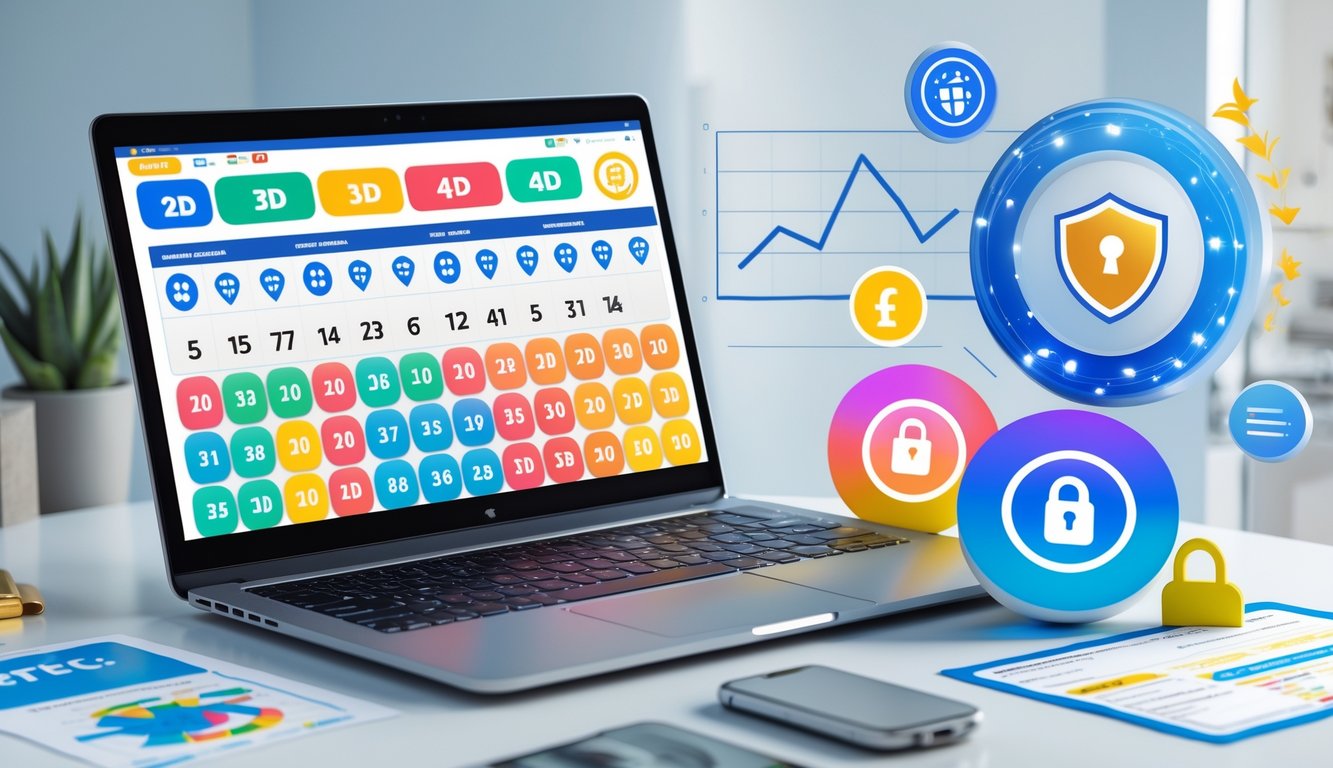 Sebuah ruang kerja modern dengan laptop yang menampilkan antarmuka permainan togel online dan simbol keamanan di sekitarnya.