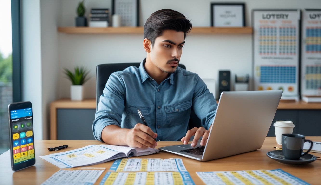 Seorang pria muda duduk di meja dengan laptop, pena, tiket lotre, dan catatan, tampak fokus dan serius dalam suasana kantor rumah yang terang.