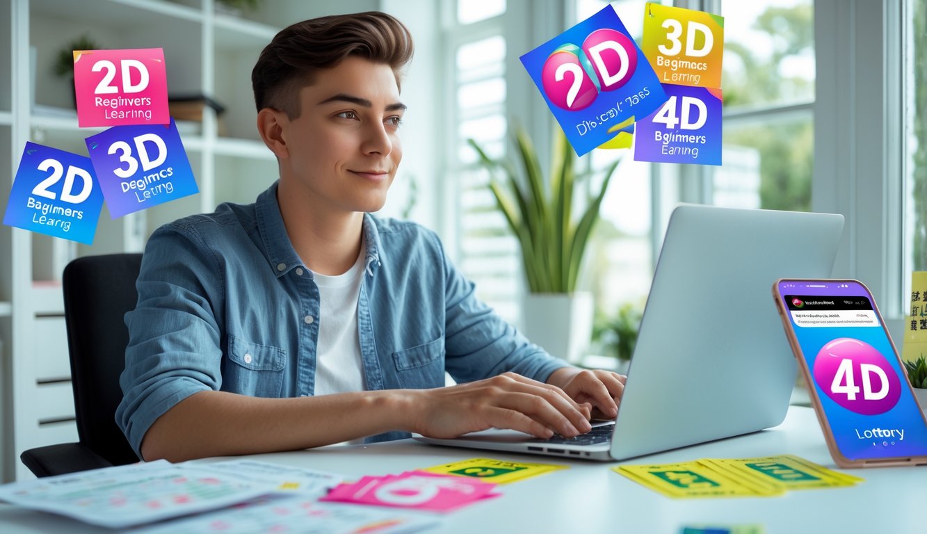 Seorang dewasa muda duduk di meja dengan laptop dan elemen-elemen lotere online di sekitarnya, tampak fokus dan percaya diri dalam suasana kantor rumah yang terang.