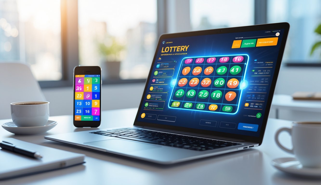Sebuah ruang kerja modern dengan laptop yang menampilkan antarmuka permainan lotere online, smartphone, cangkir kopi, dan buku catatan di atas meja.