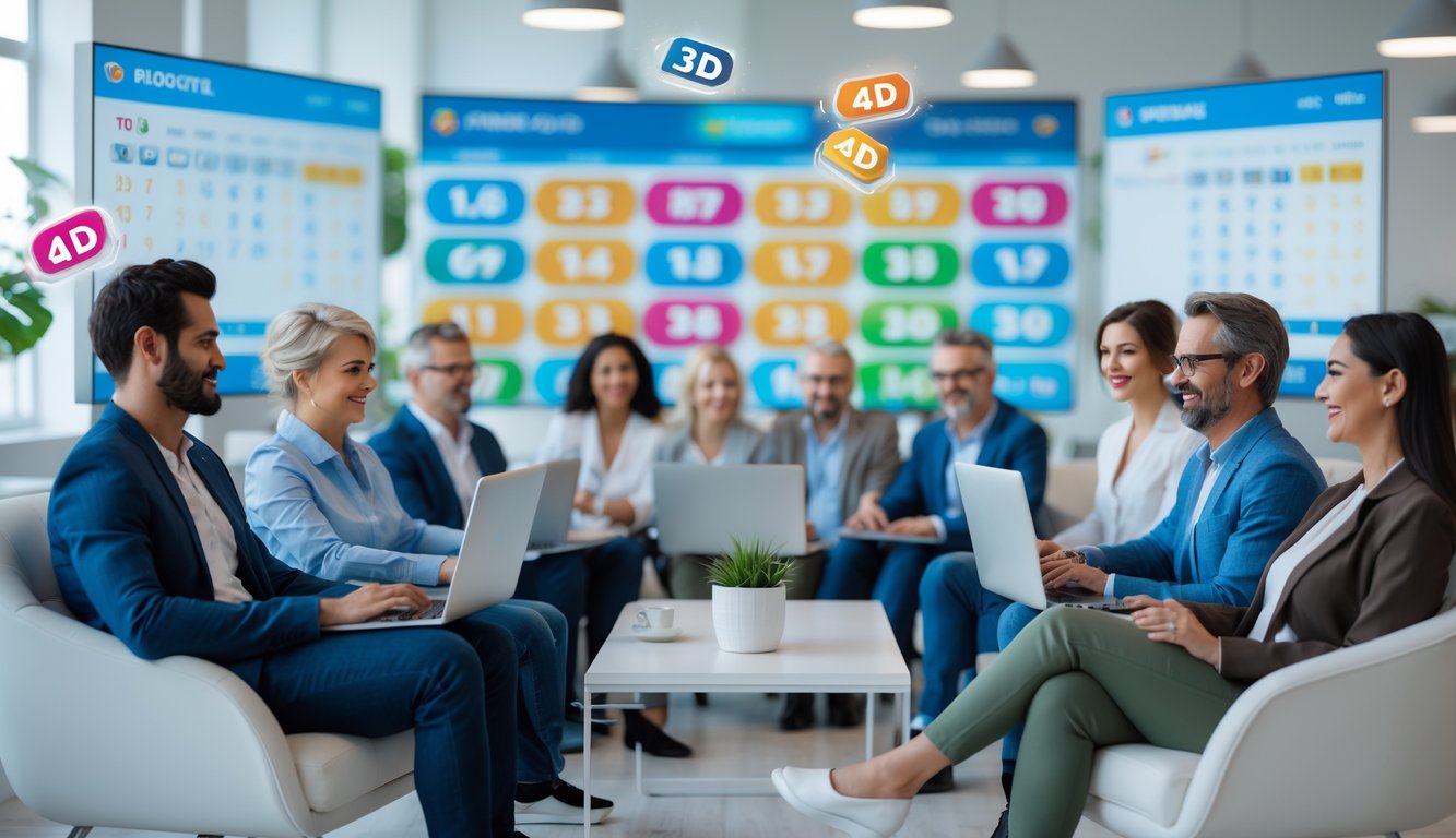 Sekelompok orang dewasa menggunakan komputer dan ponsel di ruangan terang dengan layar menampilkan angka lotere berwarna-warni.