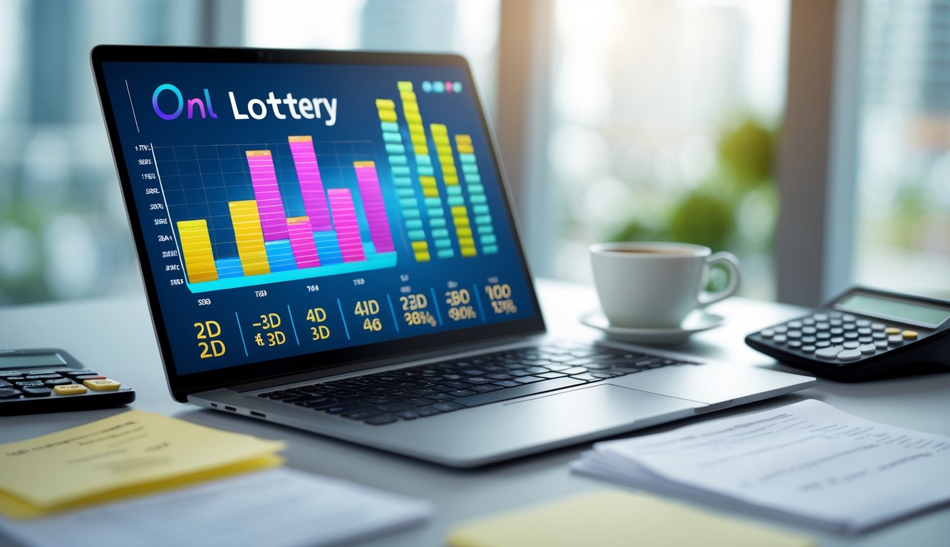 Meja kerja dengan laptop yang menampilkan grafik dan angka terkait togel online, dilengkapi dengan kalkulator dan catatan di sekitarnya.