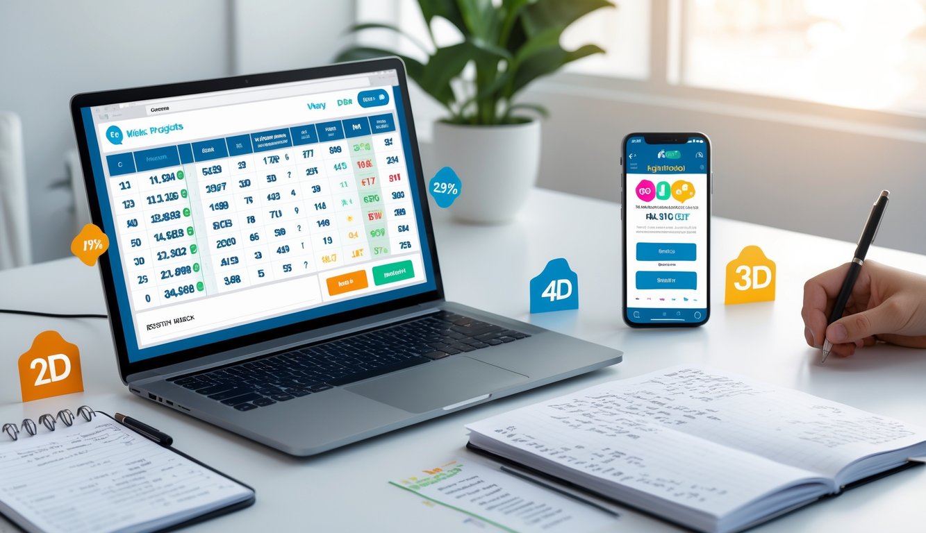 Meja kerja dengan laptop, smartphone, dan catatan yang menunjukkan strategi bermain togel online dengan simbol diskon 2D, 3D, dan 4D.