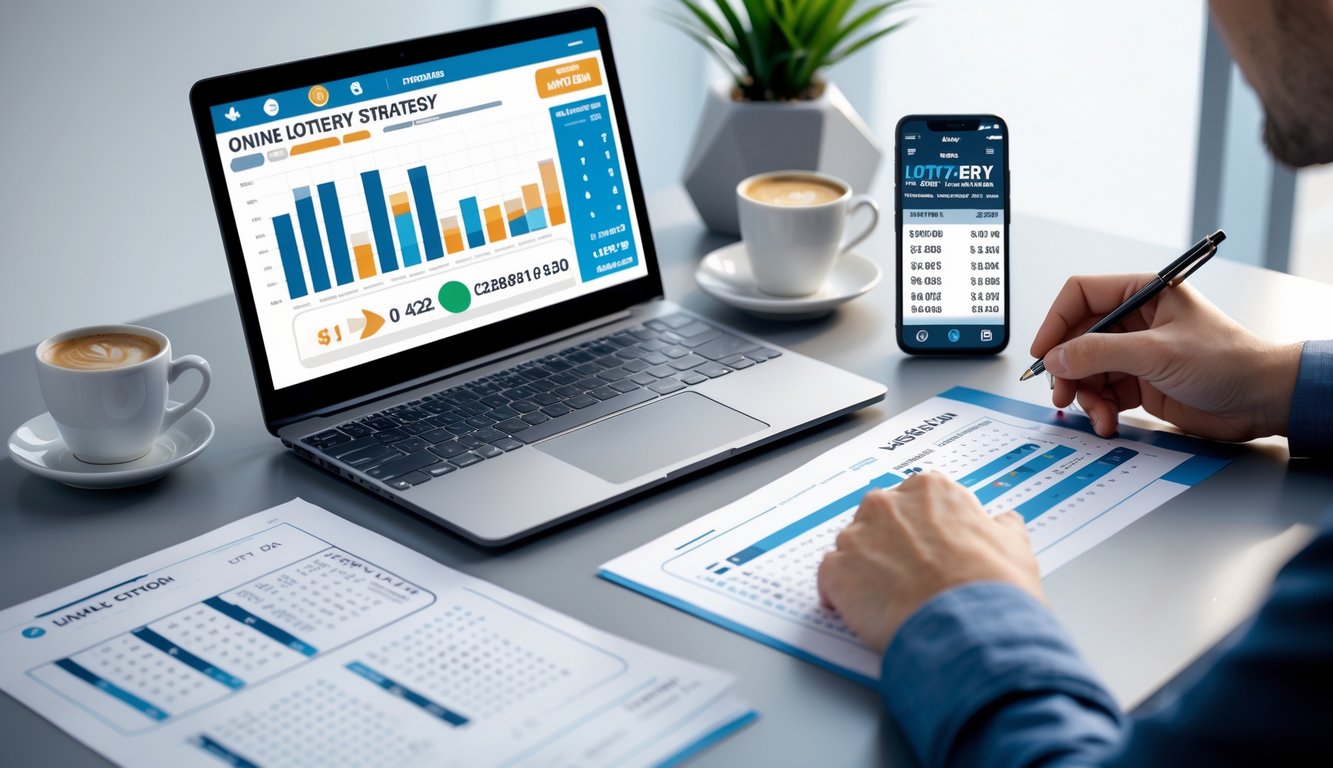 Meja kerja dengan laptop, kertas berisi data angka, dan tangan seseorang yang sedang merencanakan strategi bermain togel online.